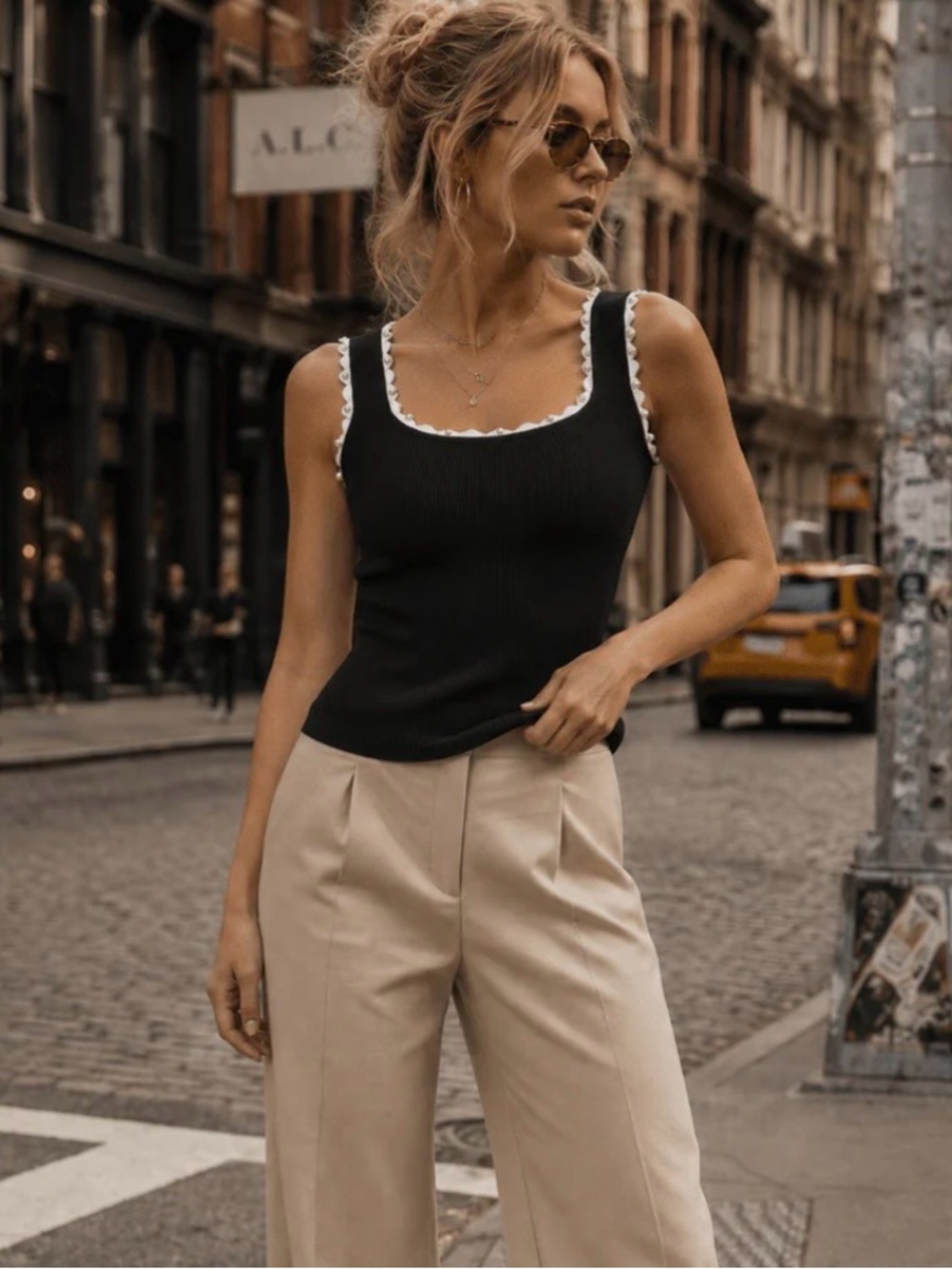 Black Ribbed Tank with White Trim
